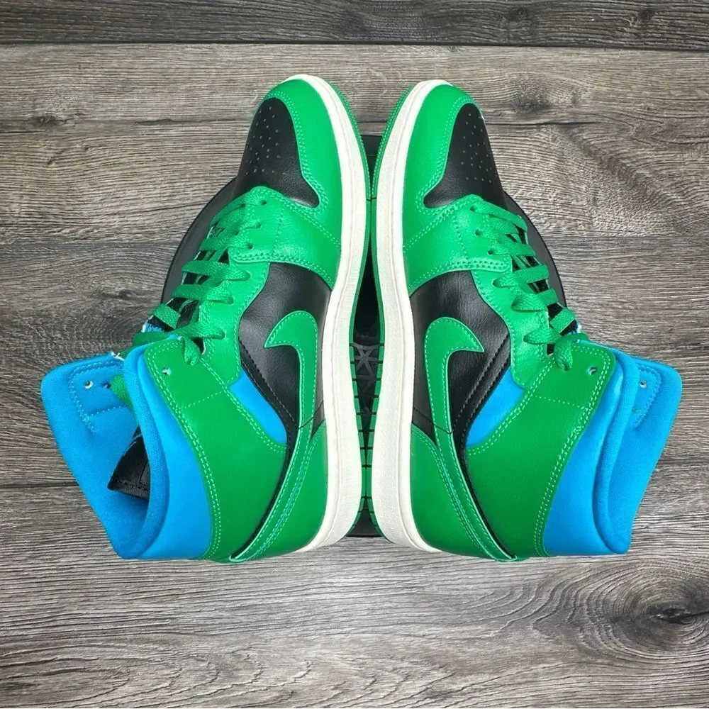 Nike Air Jordan 1 Mid Shoes Black Lucky Green Aquatone BQ6472-033 Women Sz 10.5